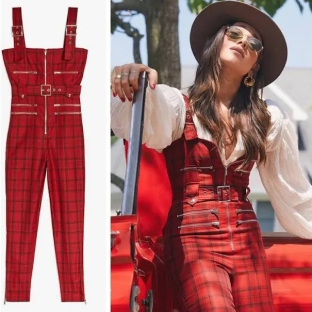 WeWoreWhat Red Plaid Belted Zip-Front Jumpsuit